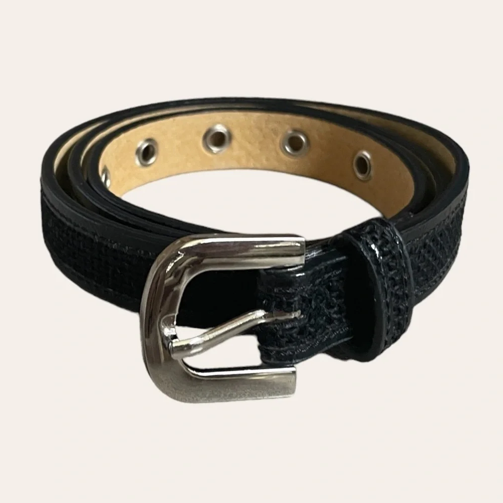 Via Spiga Black Fabric & Leather Slim Skinny Silver Buckle Belt Size S